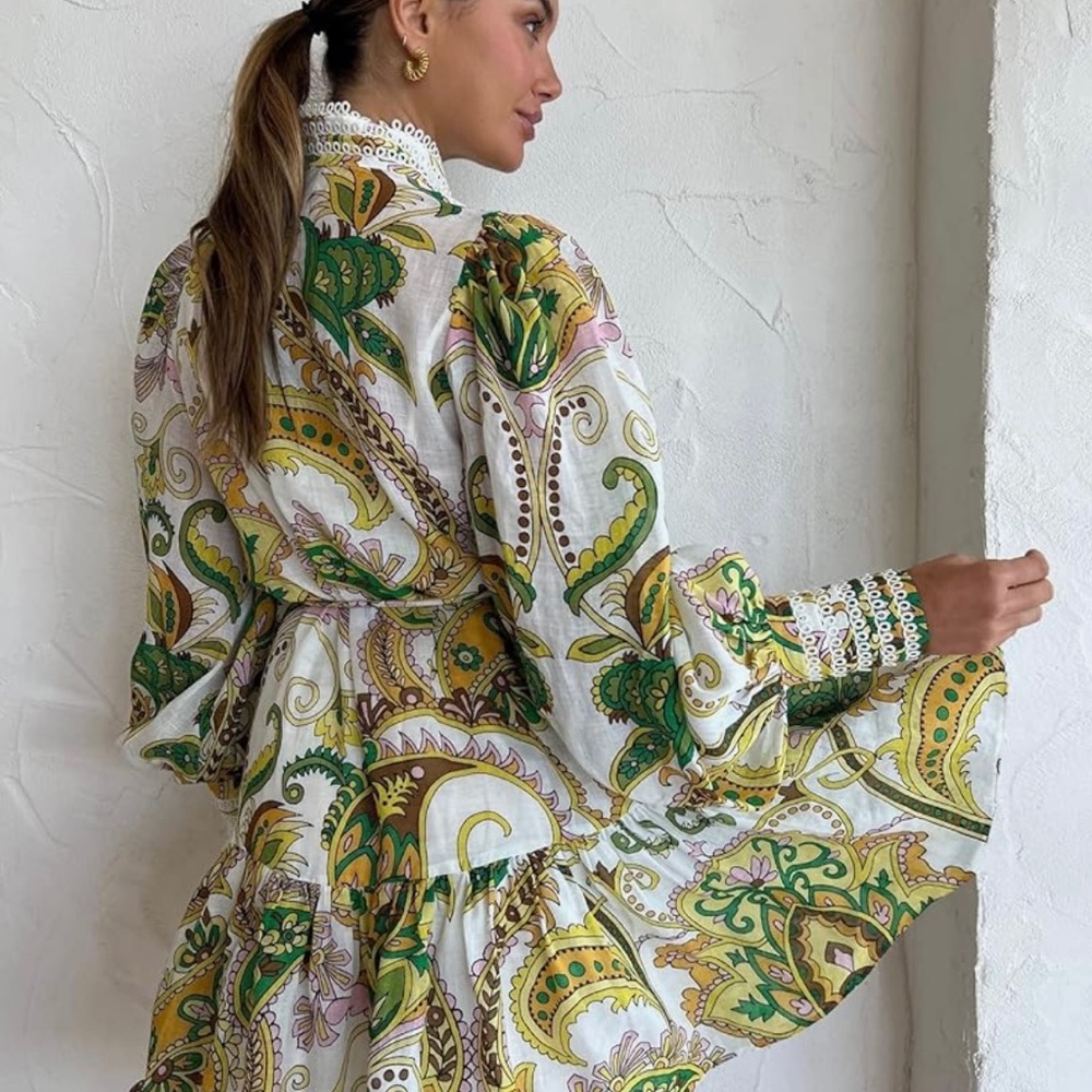 NEW With Tags- Elegant Paisely Dress with green, gold & pink accents.